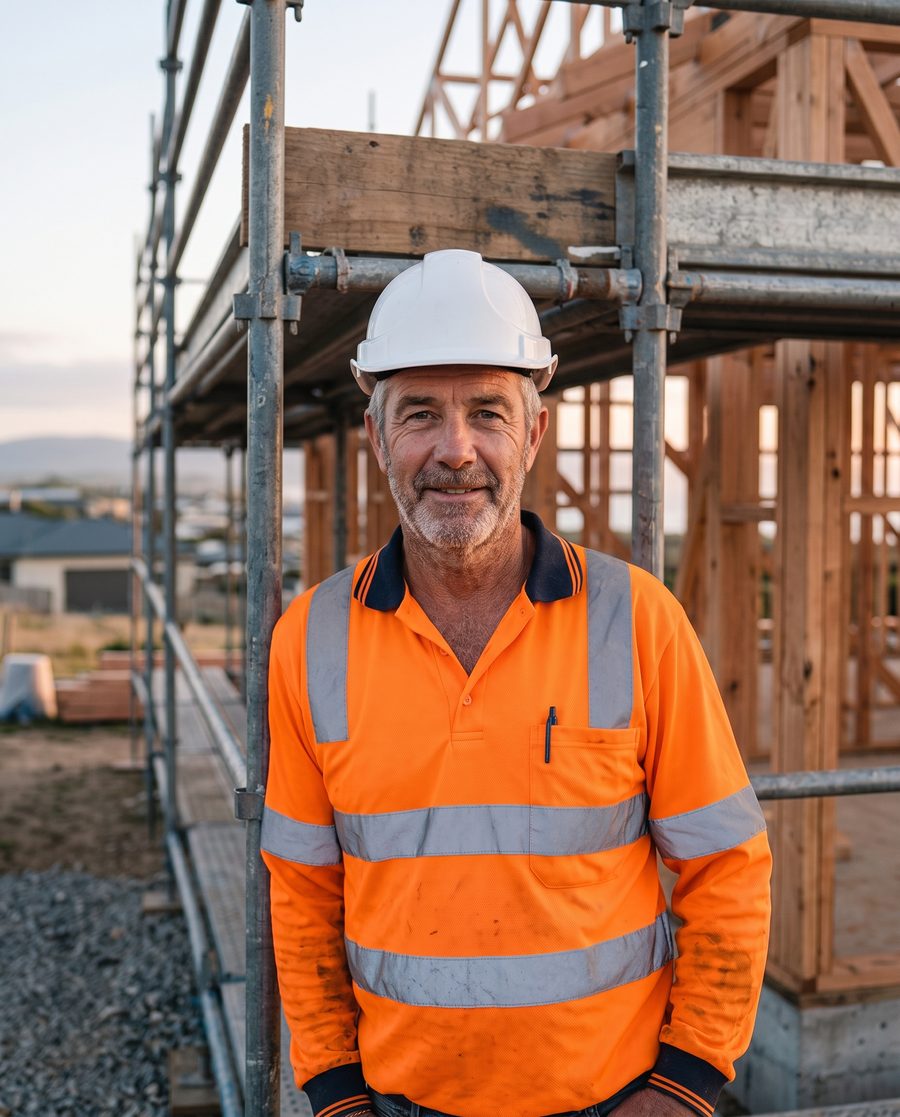 Rob, owner and builder at Grey Heron, in his hard hat on a building site