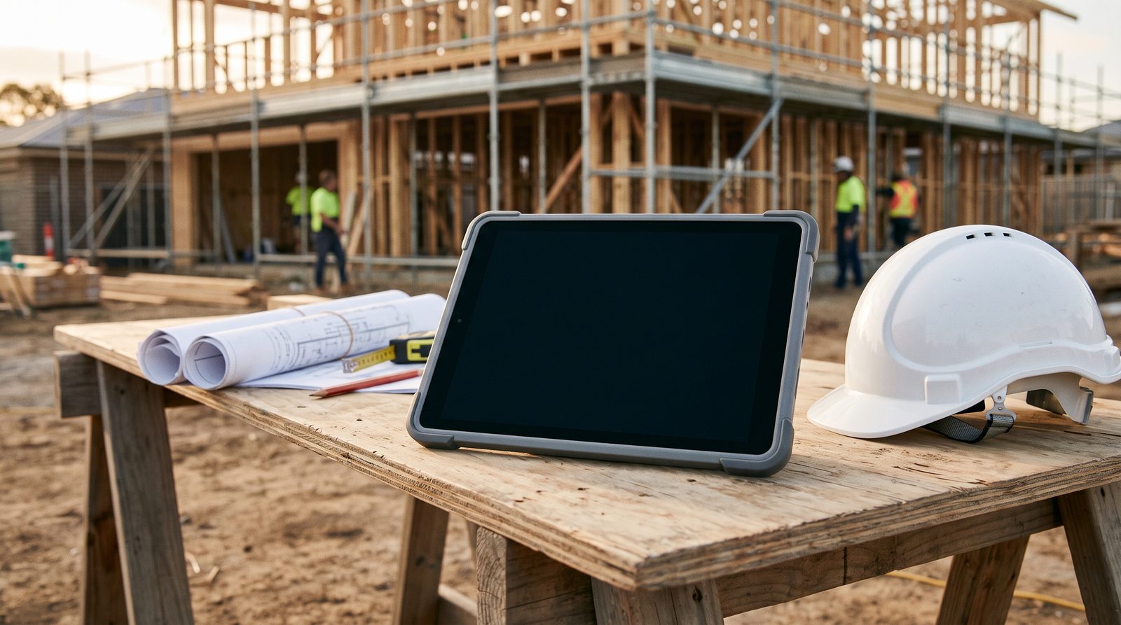 Rob's tablet on a trestle at a building site, a new quote request arriving with photos attached